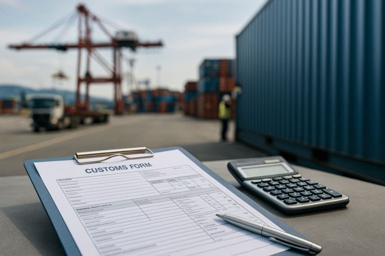Clipboard with customs documentation and calculator in the foreground at a South African shipping port with containers, cranes and trucks in the background, illustrating customs duties and VAT on imports