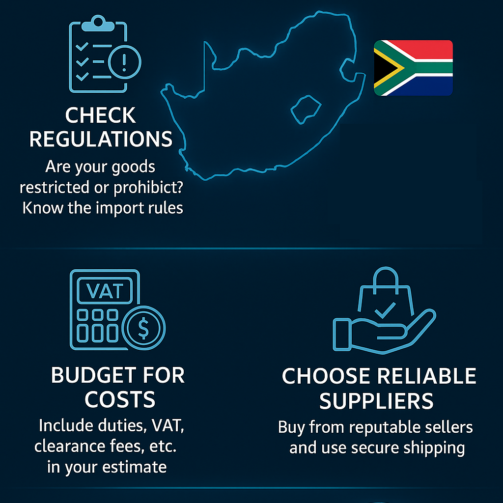 Infographic showing South Africa map with flag, shopping cart, checklist, calculator, laptop, and package icons representing pre-shipment planning for imports.