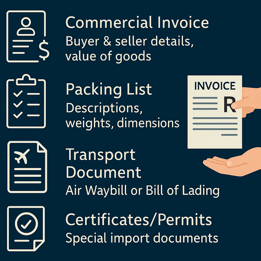 Infographic detailing key documents for importing to South Africa, including commercial invoice, packing list, transport document, and certificates or permits, with Scott’s Shipping Services logo.