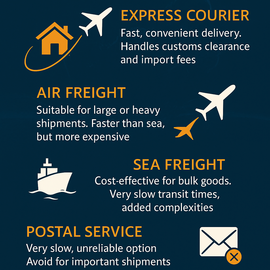 Infographic comparing shipping methods to South Africa, featuring icons and descriptions for Express Courier, Air Freight, Sea Freight, and Postal Service.